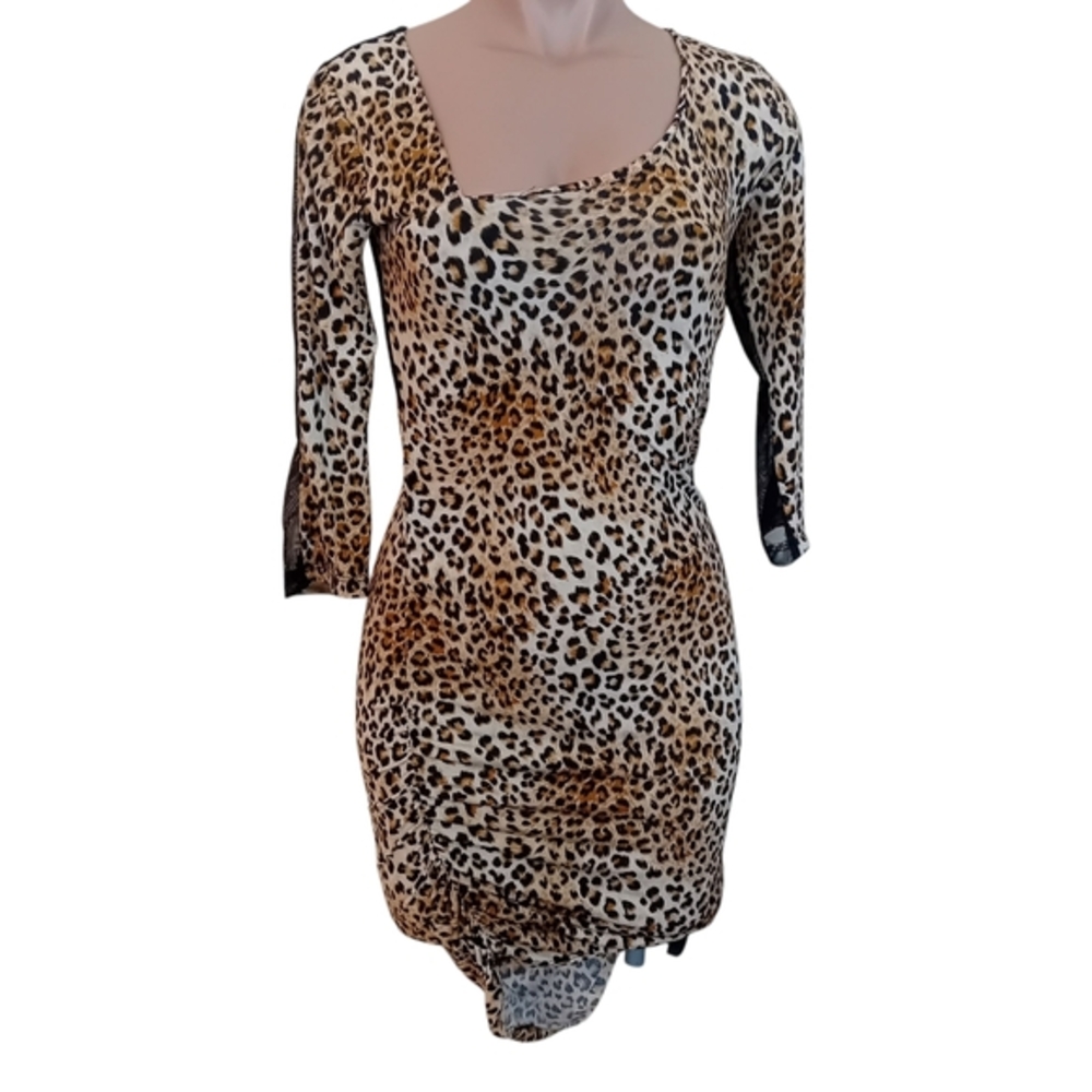 Women's Leopard Animal Print Asymmetrical Neck Mesh Fishtail Club Dress Sexy M